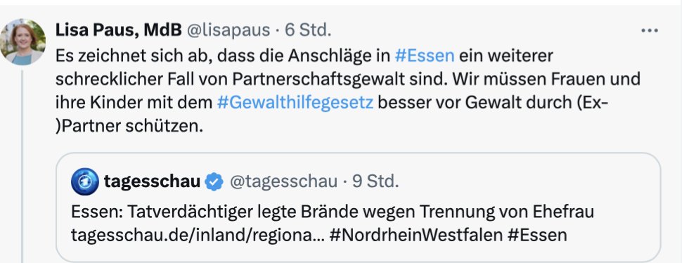 reitschuster's tweet photo. In #Essen zündet ein #Syrer zwei Häuser an, verletzt dadurch 31 Menschen, zwei davon, Kinder, lebensgefährlich, rast mit einem Transporter in ein Schaufenster, attackiert Menschen mit einer Machete auf offener Straße. Auslöser des Amoklaufes war offenbar, dass ihn seine Frau verlassen hat. 
Und wie reagiert Familienministerin #Paus von den Grünen darauf? Sie schreibt:
"Es zeichnet sich ab, dass die Anschläge in #Essen ein weiterer schrecklicher Fall von Partnerschaftsgewalt sind. Wir müssen Frauen und ihre Kinder mit dem Gewalthilfegesetz besser vor Gewalt  durch (Ex-)Partner schützen."
Ist das Einfalt, Realitätsverweigerung oder Zynismus?
Oder alles zusammen?
Für wie dumm hält sie die Menschen?