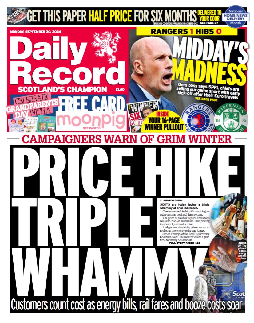 Daily_Record's tweet photo. Tomorrow's front page leads on Scots facing a triple whammy of price increases as energy bills, rail fares and booze costs soar.

#scotpapers #tomorrowspaperstoday https://t.co/njPg4wiZ24
