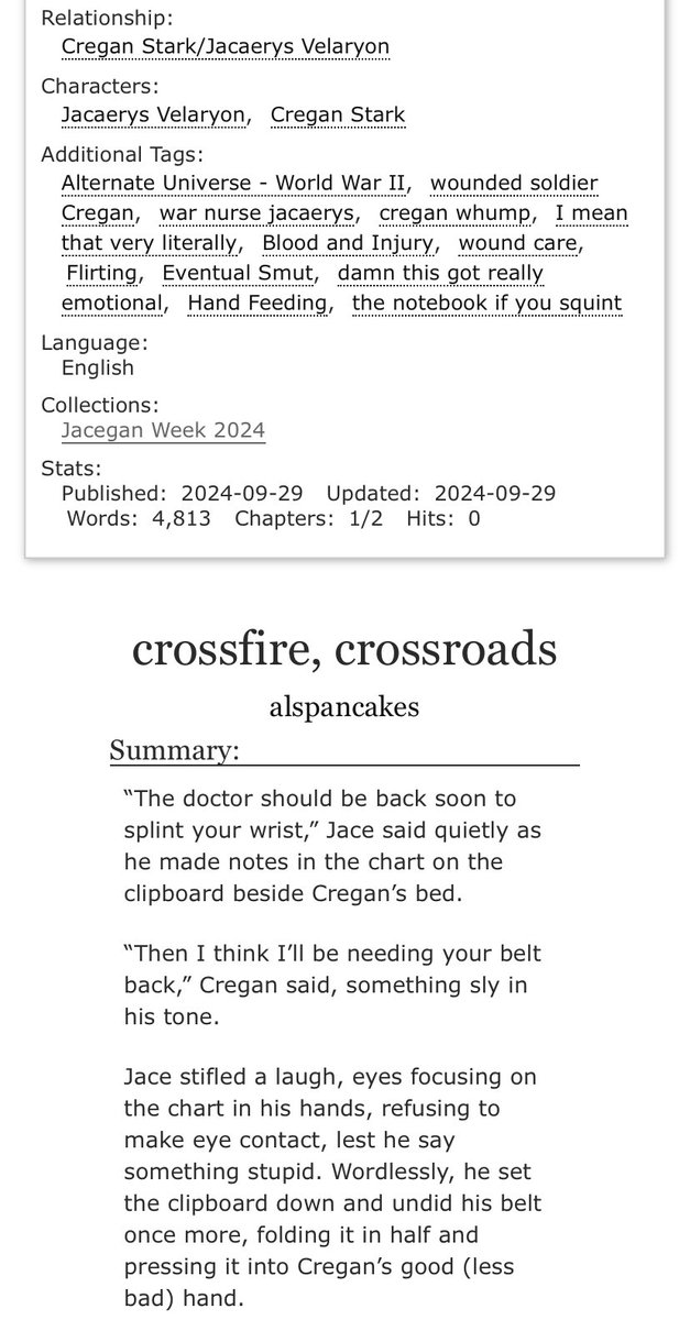 unclephilia's tweet photo. crossfire, crossroads • #jacegan world war ii au • 4.8k, 1/2 • e rating 

Cregan is an injured american solider in WWII, and Jace is his battlefield nurse.

written for Jacegan week, days five and six: historical &amp; whump

https://t.co/MN5nvCErwL https://t.co/Efm33yTEin