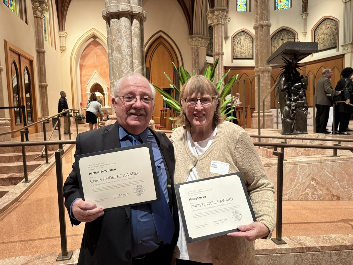 Congrats to Kathy Gussie ‘63 and Michael McGovern ‘63 on receiving the Christifideles Award today for outstanding service in their parishes. Kathy continues to serve at St. Ed’s and Mike faithfully serves at his current parish, St. Ferdinand. <a href="/StEdParish/">Saint Edward Parish</a> <a href="/ChiCathSchools/">Chi Catholic Schools</a>