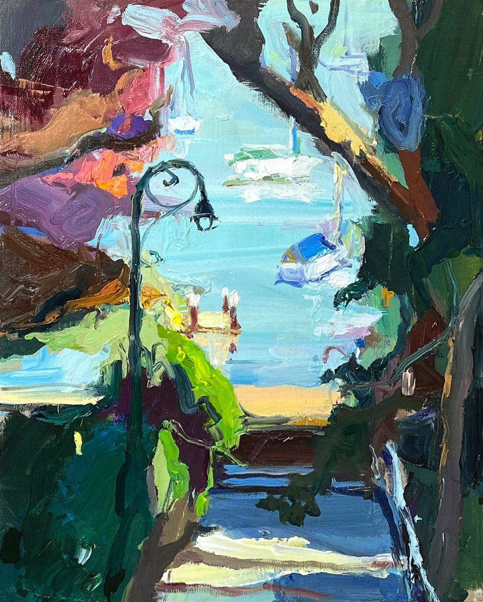 RClaremont's tweet photo. Trips to Sydney always result in unexpected discoveries. A leafy staircase that descends to a sparkling foreshore, unchanged in a century…

“Steps at Lavender Bay, 35X45cm, oil on board.

#lavenderbay #sydneyharbour #richardclaremont #wendywhiteleyssecretgarden #harbourpainting https://t.co/gS3Kwem57l