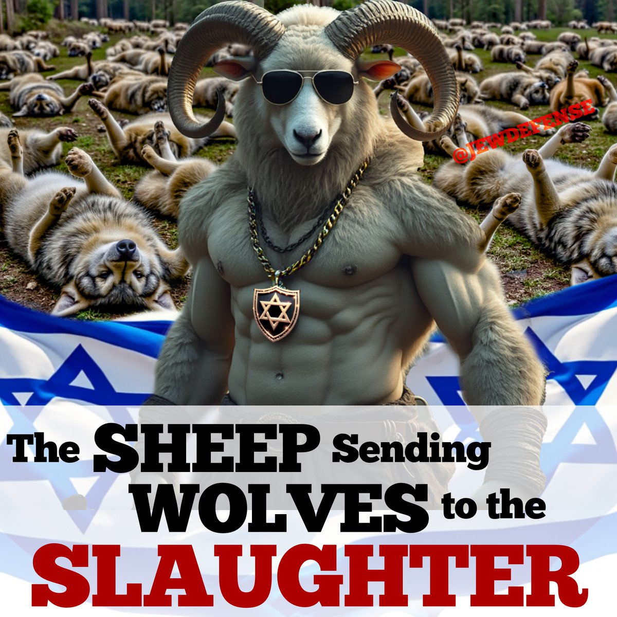 JewDefense's tweet photo. The great Jewish sages of antiquity compared the Jewish people to a sheep surrounded by wolves.

Today, the tables have turned. The righteous lamb of Israel is visiting simultaneous sucker-punch deathblows on terrorists in Yemen, Syria, Lebanon, &amp; Gaza.

G-d's justice manifests. https://t.co/XnaSw15LJc
