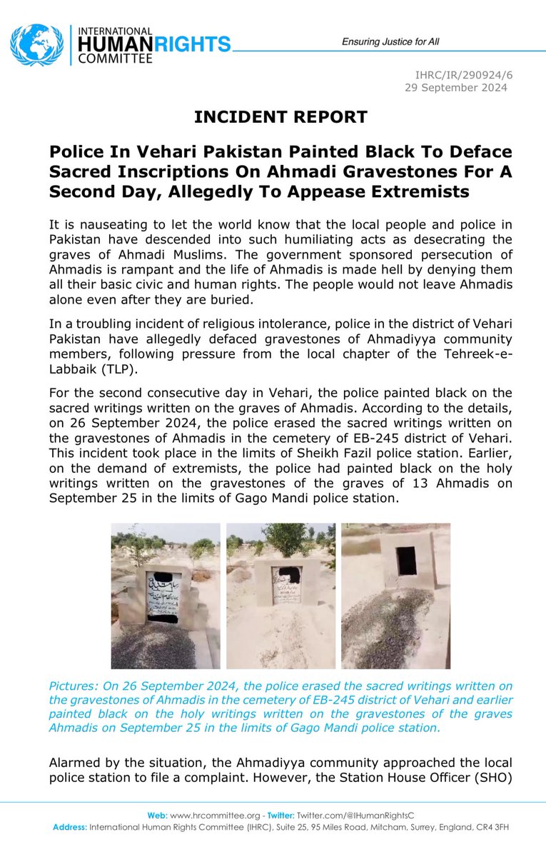 IHumanRightsC's tweet photo. ⚠️ INCIDENT REPORT 

Police In Vehari Pakistan Painted Black To Deface Sacred Inscriptions On Ahmadi Gravestones For A Second Day, Allegedly To Appease Extremists https://t.co/SSSCdQoiWG