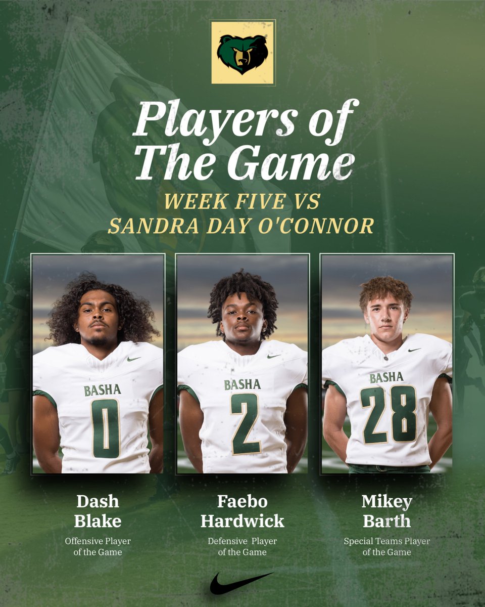 Week Five Players of the Game vs Sandra Day O’Connor 🐻💪
🏈 Offense - <a href="/dashblake0/">Dash Blake</a> 
🏈 Defense - <a href="/LaFaebienH_25/">LaFaebien Hardwick</a> 
🏈 Special Teams - <a href="/mikey_barth/">mikey_barth</a>