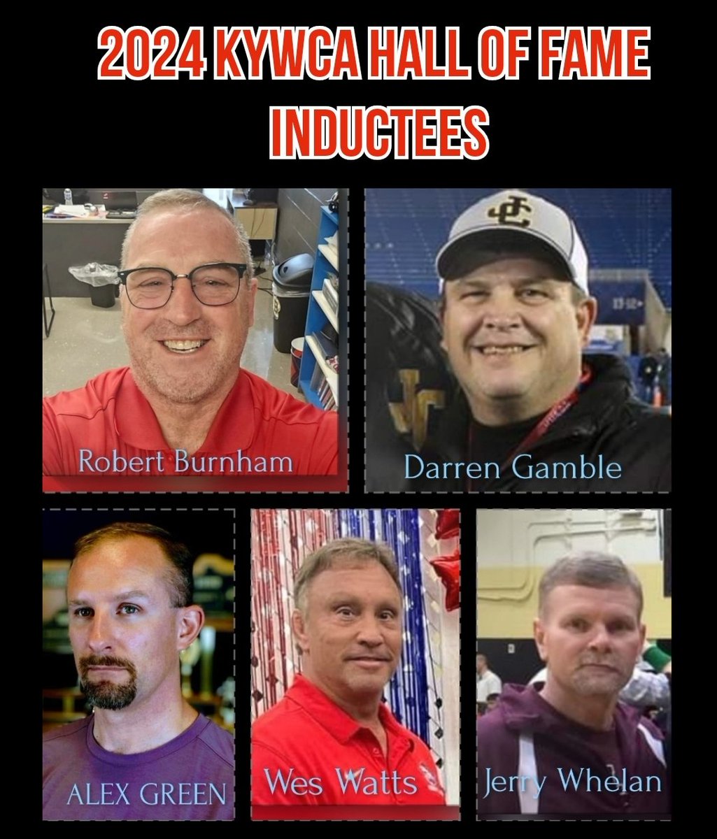 The KYWCA is proud to announce the 2024 hall of fame inductees! 

Robert Burnham-Christian Co 

Darren Gamble-Johnson Cent

Wes Watts-Dunbar/Madison Cent

Jerry Whelan-Oldham Co/Lawrence Co/Ashland 

Distinguished Service:

Alex Green-Ky Wrestling historian/official