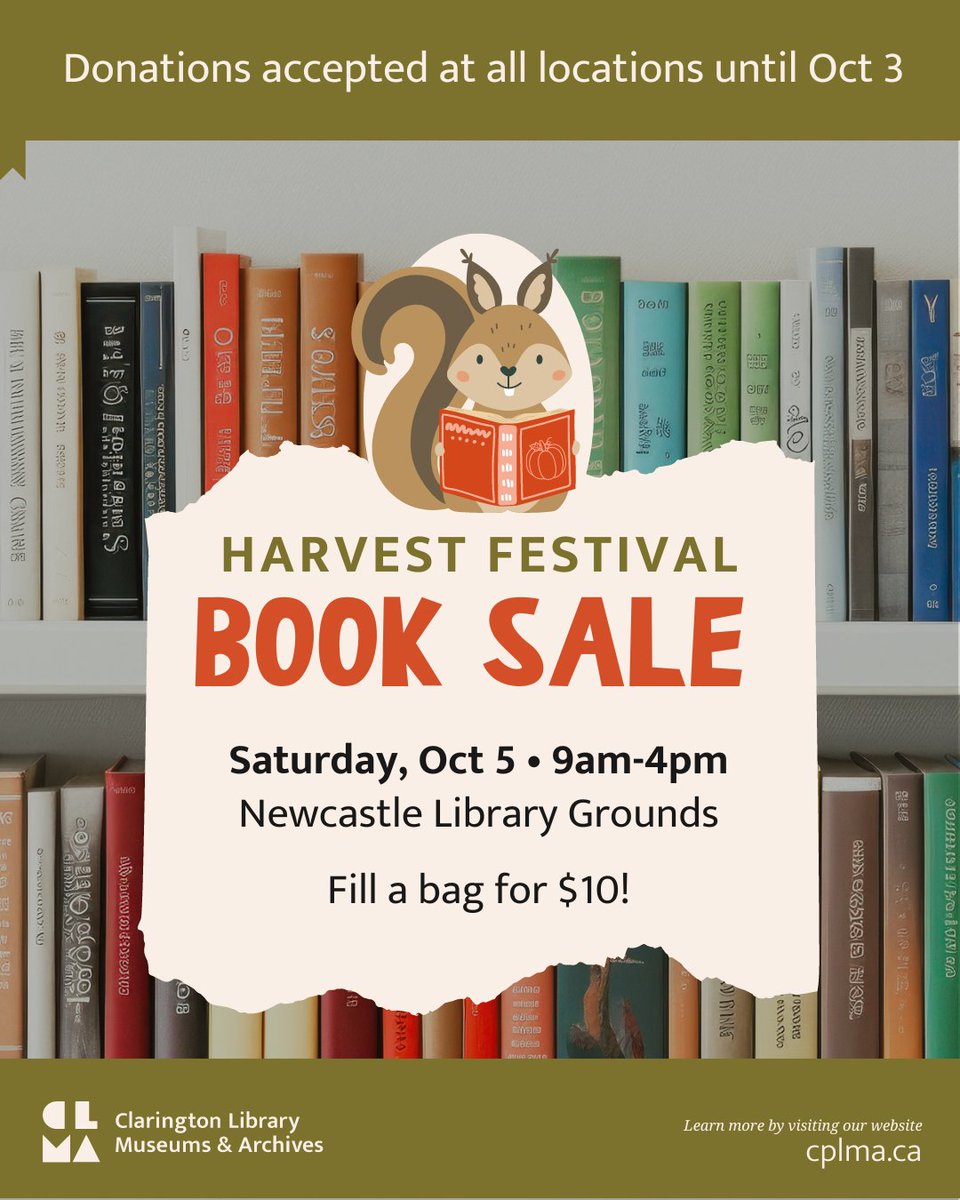 Celebrate the unique history of Courtice, fill a bag of books for $10 at the Harvest Festival Book Sale, and celebrate Islamic History month with a Storytime this week at CLMA!

Find a full line up of programs at events.cplma.ca