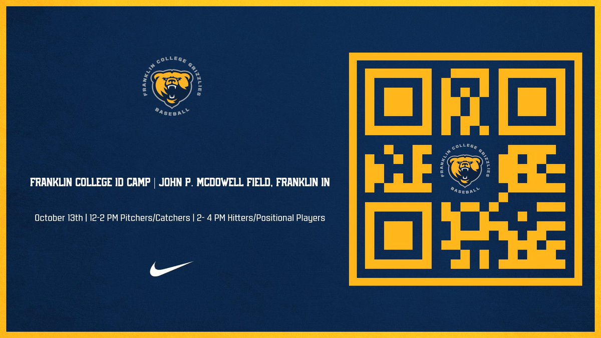 GRIZ Baseball ID Camp two weeks from today-October 13!  Scan QR code or visit grizbaseballcamps.com to register! <a href="/FCGrizAthletics/">Franklin Grizzlies</a> <a href="/FranklinCollege/">Franklin College</a> #TEAMGRIZ