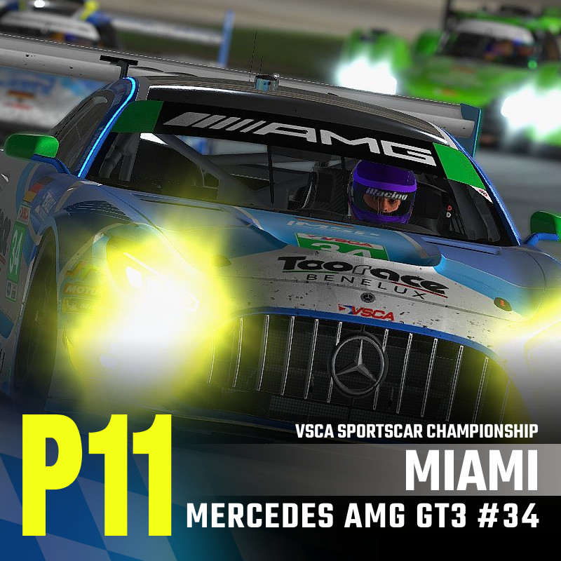 Our #34 Mercedes AMG GT3, coming off a win at VIR in August, suffers its worst race of the year and a P11 DSQ in the Miami Sunrise 6 Hour, after exceeding the incident limit.

#VSCA #Miami #Mercedes #eSports
