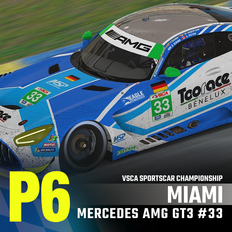 Last weekend's Miami Sunrise 6 Hour ends with a P6 finish for our #33 Mercedes AMG GT3, after a tough battle in the second-to-last race of the VSCA season.

#VSCA #Miami #Mercedes #eSports