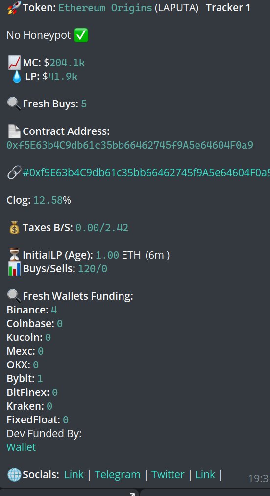 entasiBot's tweet photo. A gem discovered by our $ETH bots. $LAPUTA was detected at 200k marketcap. Current ATH 2M
Subscribe to Entasi here: https://t.co/trWX8EFMt4
Entasi for the win!
CA: 0xf5E63b4C9db61c35bb66462745f9A5e64604F0a9
#entasibots #volumetracker #ai #memecoin #bullrun #crypto https://t.co/cBt4NbSoUl