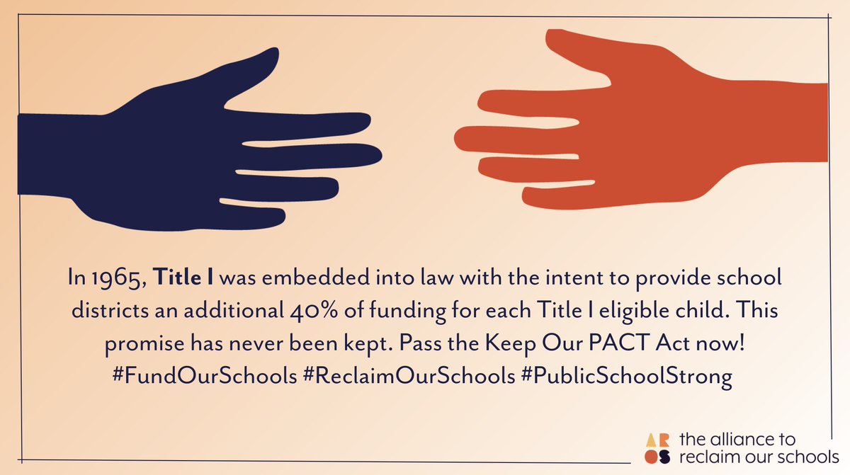 In 1965, Congress established Title I to provide school districts an additional 40% of funding for each child from a low-income family.

To this day, the government has funded IDEA Title 1 at only about 13% - far below the intended amount! #FundOurSchools #ReclaimOurSchools