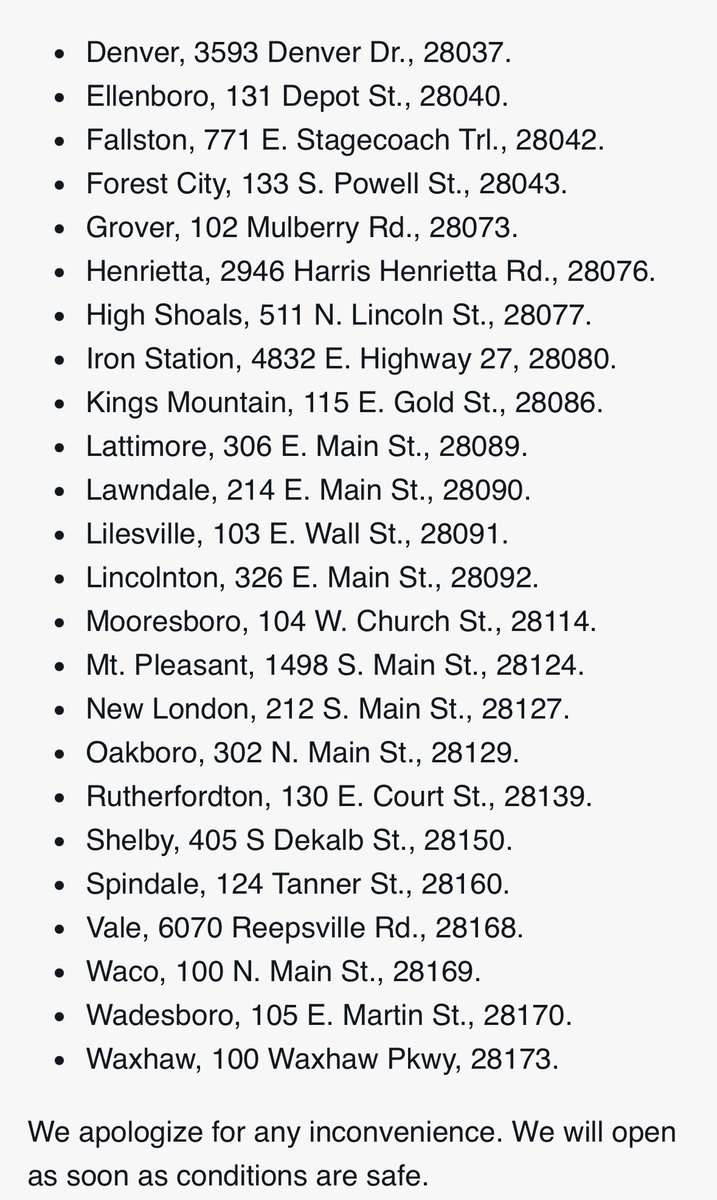 Major NC USPS alert.  All retail and delivery mail services are suspended in zip codes beginning in 286, 287, 288, 289, and also 39 other listed post offices. Besides the human tragedy, for election officials who could not place 190,000 absentee ballots in the mail until Sept 24