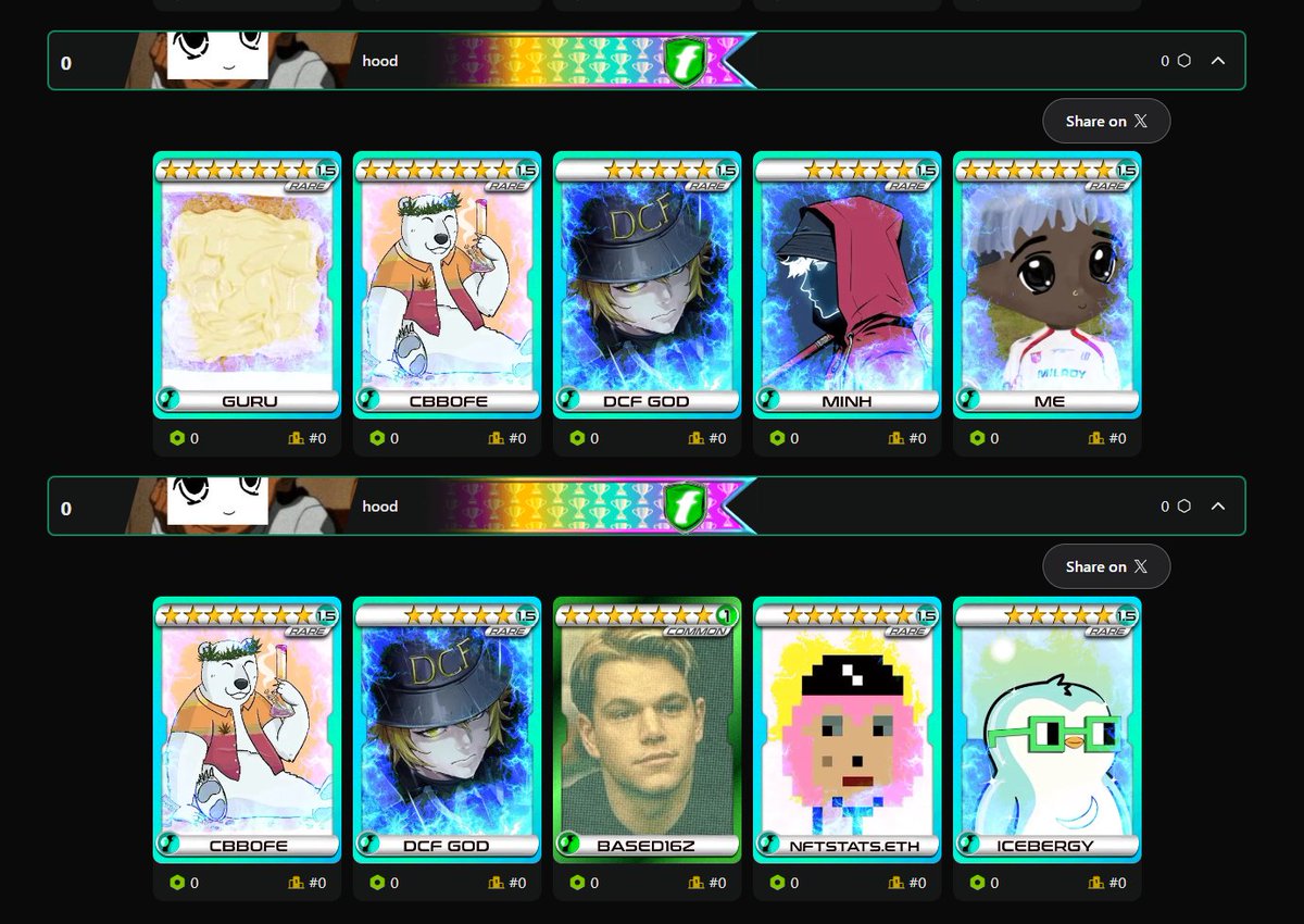 threexbt's tweet photo. 🔵Elite Deck:  

📜Goal: 12 cards  

Elite decks are always my card farming deck since cards be more +ev than eth rewards, always like using cards like @Cbb0fe, @mememe69696969, @dcfgod, and heroes who tend to post more or engage with @fantasy_top_ often. https://t.co/S4MjEJiy05
