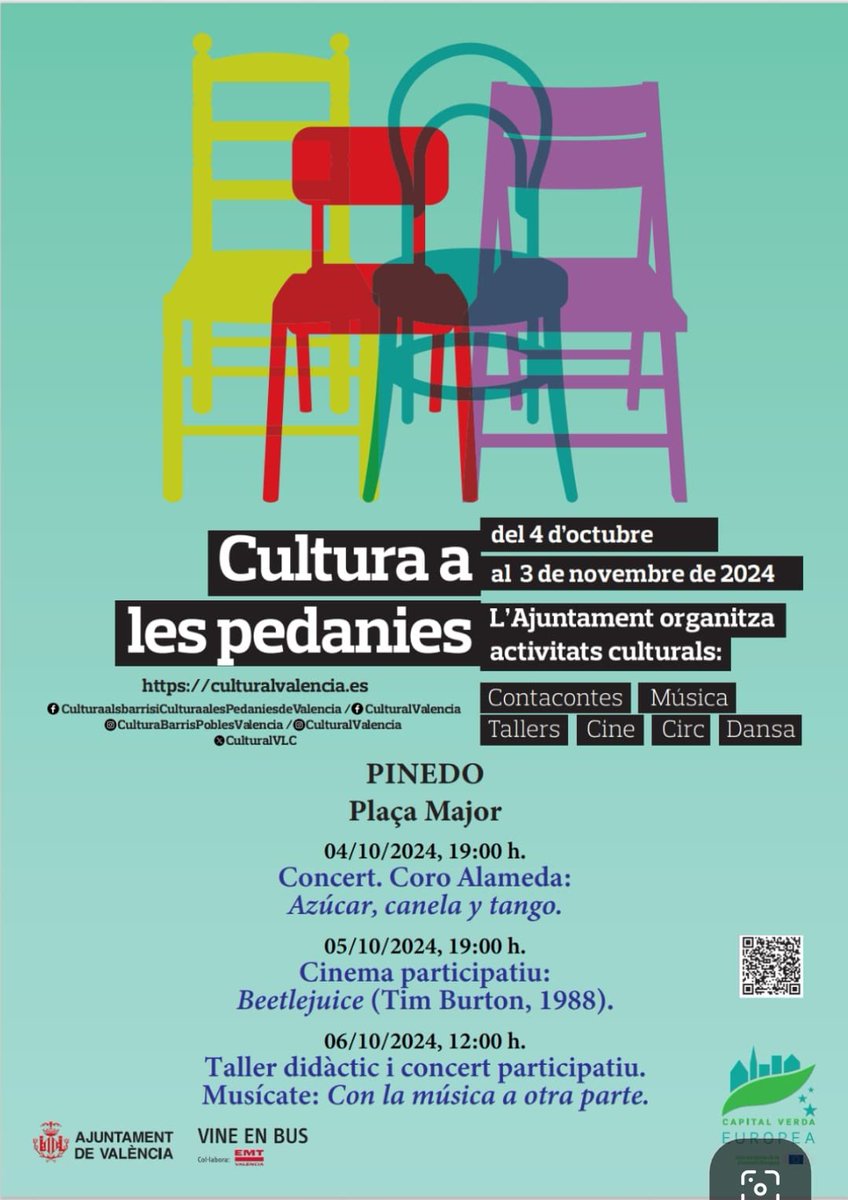 El viernes, 4 de octubre, tienes plan con el #CoroAlameda y #Culturaalsbarris i pedanies de València ‼️

Nos vemos en la plaça Major de Pinedo a las 19 h donde ofreceremos GRATIS nuestro espectáculo musical «Azúcar, Canela y Tango» 🌹🎵

¡Allí os vemos! 

#ConciertosValencia