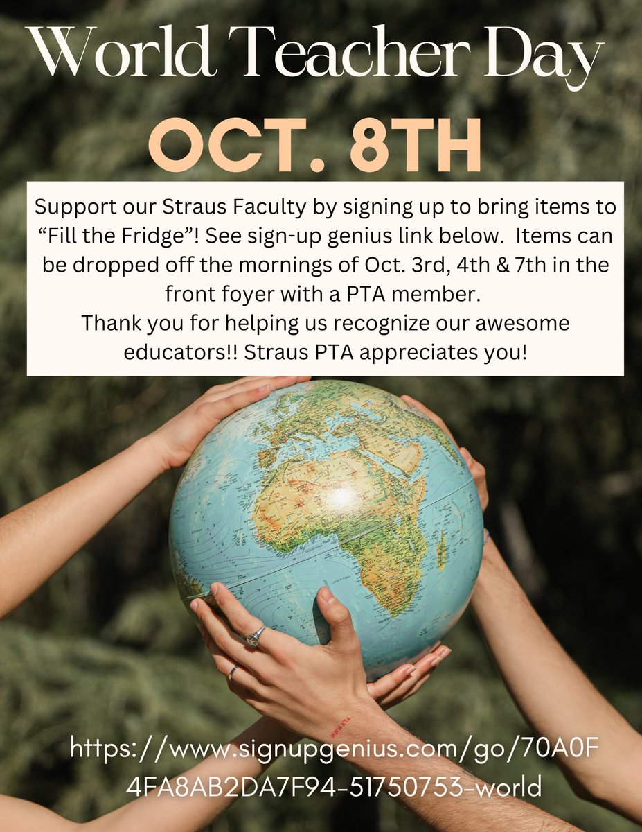 #WorldTeacherDay is just around the corner!  Use the sign up genius below to support your #StrausMaverick #Teachers!

signupgenius.com/go/70A0F4FA8AB…