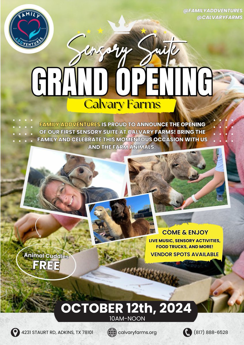 Don't miss the Grand Opening of the <a href="/famADDventures/">familyADDventures</a>  #sensorysuite at Calvary Farms! 

ANIMAL CUDDLES ~ FOOD TRUCKS ~ RIBBON CUTTING ~ FAMILY FUN

Don't miss this exciting event! Tickets now only $4 - Buy your tickets here -> eventbrite.com/e/grand-openin…

#autism #sensoryspaces #adhd