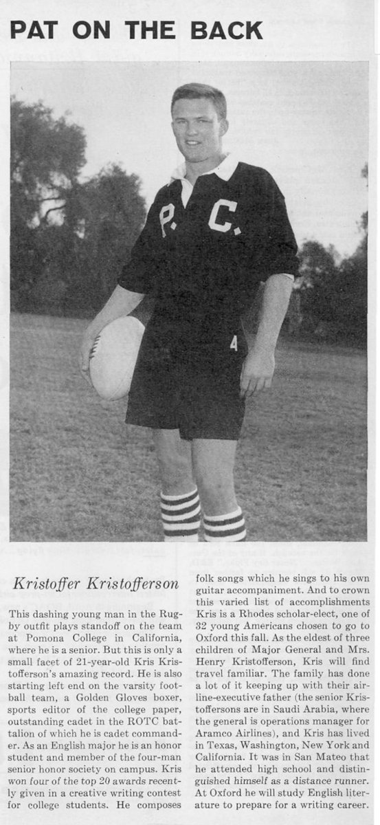 dwil's tweet image. RIP to Kris Kristofferson, who lived one of the most fascinating lives. Found this pre-fame Kristoffer in an old Sports Illustrated where he’d already been a boxer, newspaper editor and rugby star before he headed off to college to study writing.