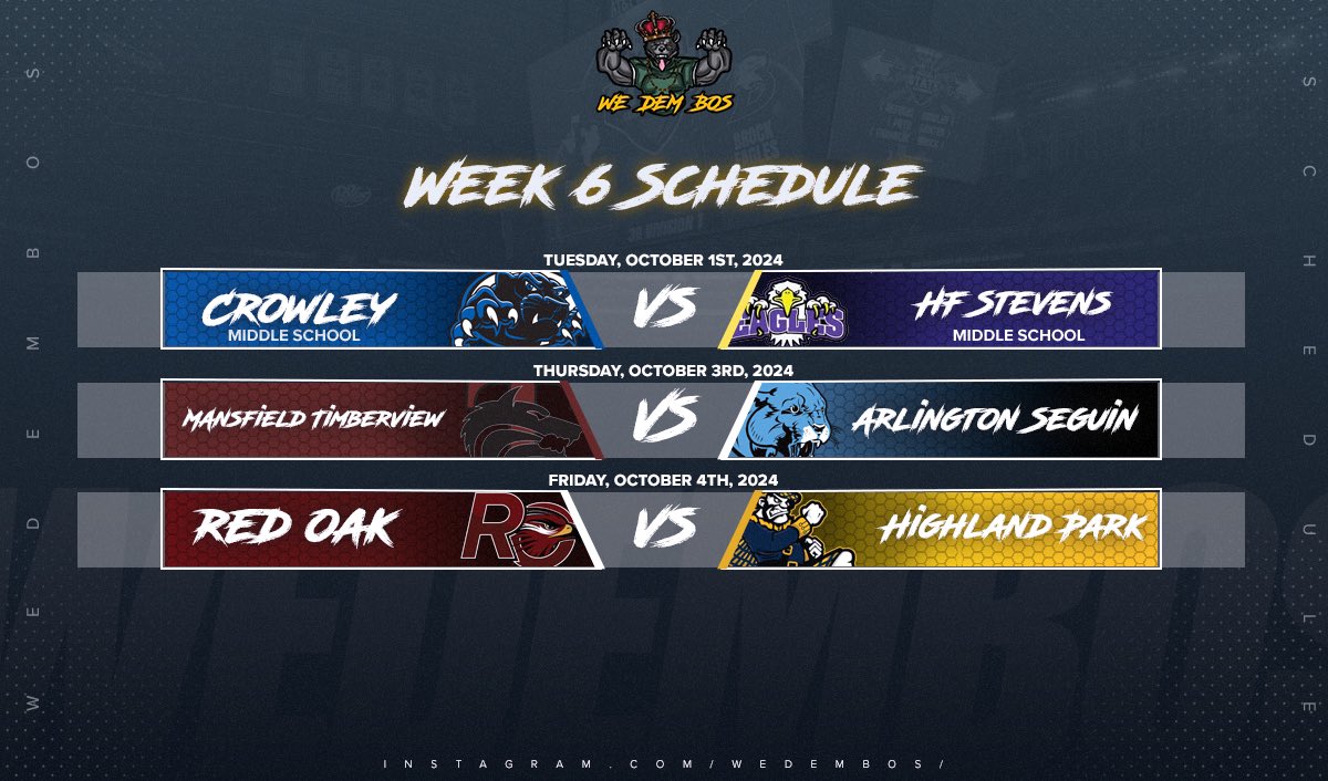 Juwan Davis (@mrjdavis96) on Twitter photo My <a href="/WeDemBos/">WeDemBos Media</a> Week 6 ScheduleβοΈ
β’ Tuesday: Crowley MS vs HF Stevens MS
β’ Thursday: Mansfield Timberview vs Arlington Seguin
β’ Friday: Red Oak vs Highland Park
β’ Saturday: Undecidedβ¦ My <a href="/WeDemBos/">WeDemBos Media</a> Week 6 ScheduleβοΈ
β’ Tuesday: Crowley MS vs HF Stevens MS
β’ Thursday: Mansfield Timberview vs Arlington Seguin
β’ Friday: Red Oak vs Highland Park
β’ Saturday: Undecidedβ¦