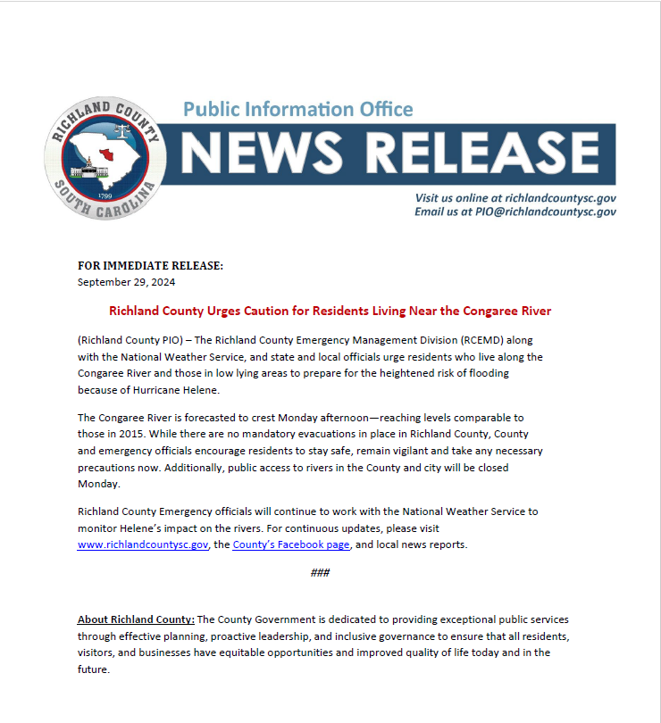 With the Congaree River forecast to reach Major Flood Stage, the Richland County EMD PIO worked with us along with state and local officials to create a press release regarding the situation. For more information, visit richlandcountysc.gov. #scwx