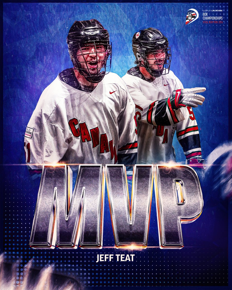WorldLacrosse's tweet photo. Another glittering honor in Jeff Teat's career as the Canadian superstar adds the World Lacrosse Box Championship MVP to his gold medal 🌟🇨🇦

#WorldBox2024 #WLBC https://t.co/QAbXnPoGsm