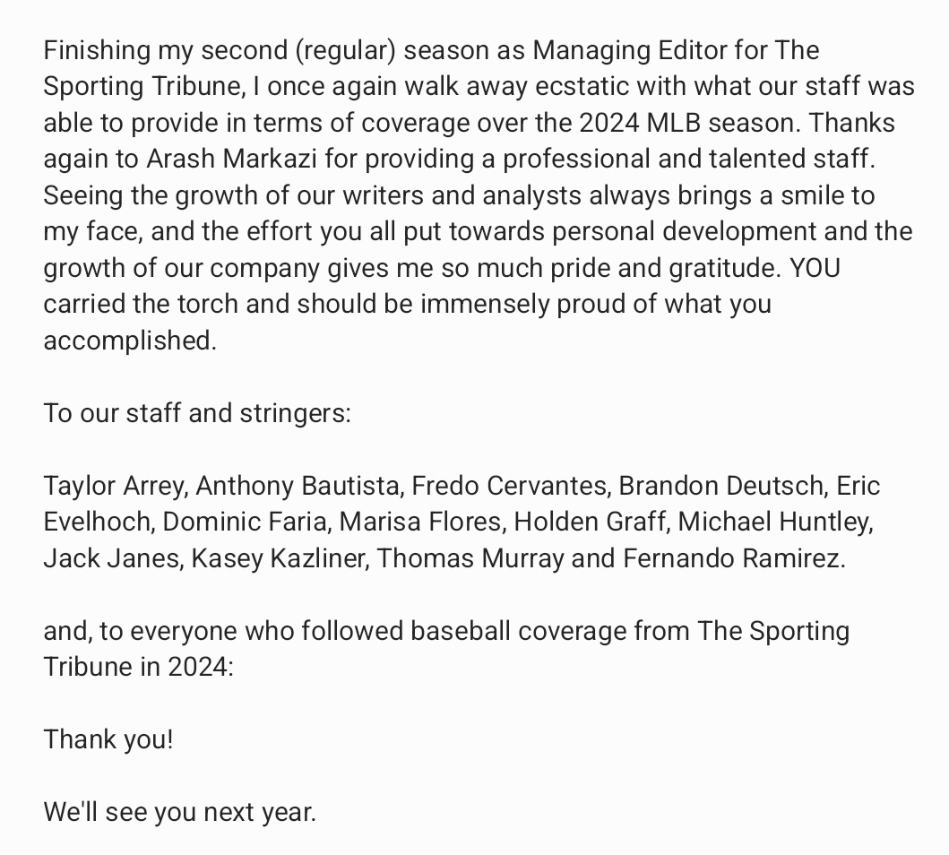 TaylorBlakeWard's tweet photo. Thanks all for following along with baseball coverage from @SportingTrib over the 2024 MLB season, a note for our staff and the readers: https://t.co/Yt6I8vdawE