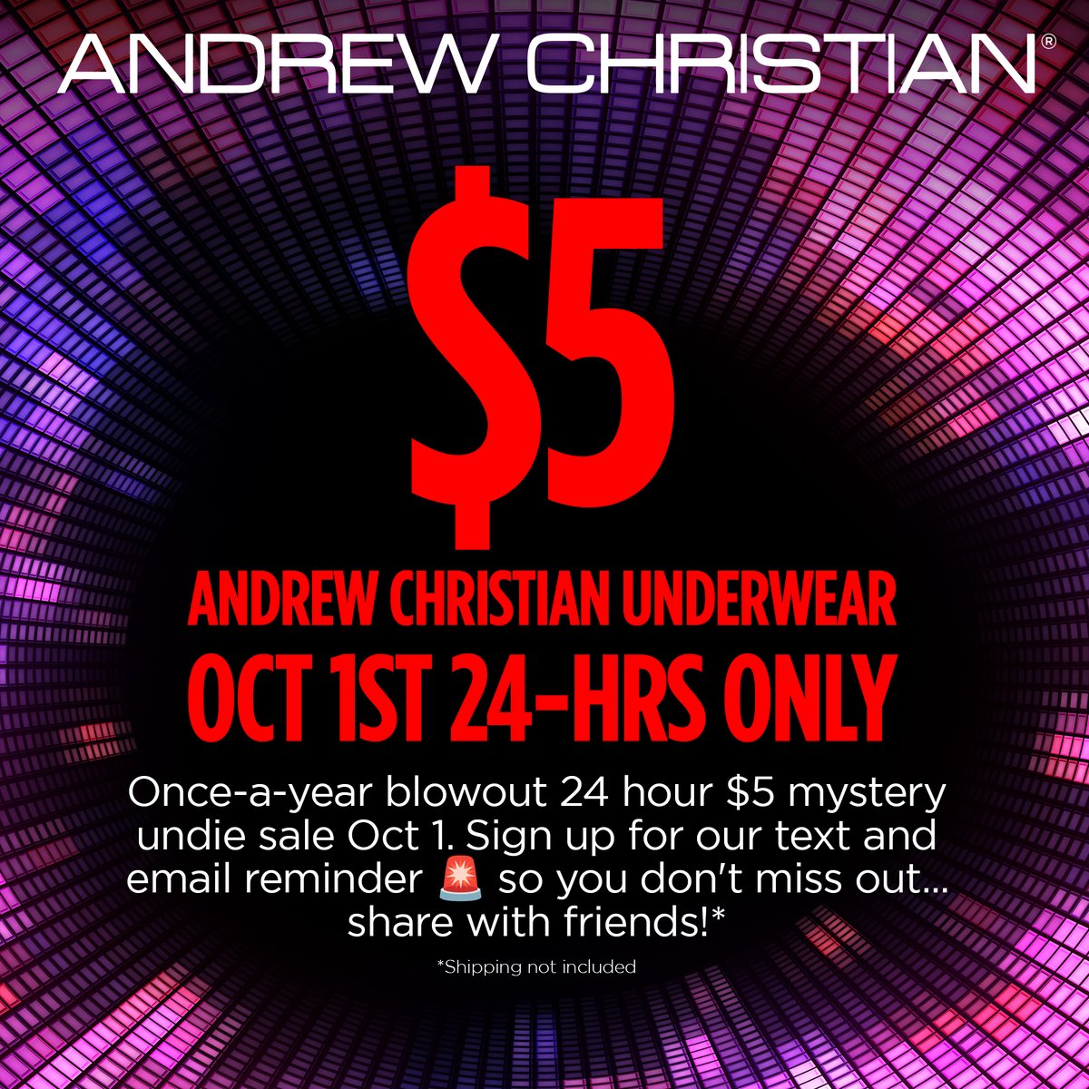 andrewchristian's tweet image. 💥 It’s the underwear event of the year! Oct 1, $5 only! Don’t miss it—get your reminder! 📲✨  andrewchristian.com/pages/subscribe

#underwearevent #onceayear