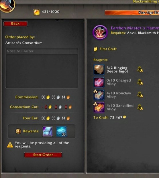 FelipeFack's tweet photo. Hey @WarcraftDevs how about this not being a thing? 73k for a patron order. That's kinda insane, just for 30 acuity.... https://t.co/r8lSFpUD4l