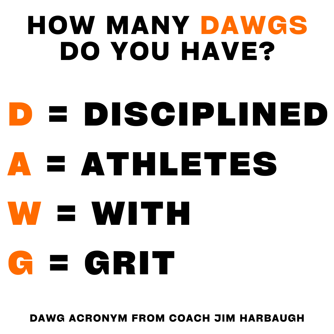 How many DAWG’s do you have on your team?  

D - Disciplined  
A - Athlete 
W - With 
G - Grit  

Develop your DAWG’s.  

DAWG -&gt; Jim Harbaugh Gold 🥇