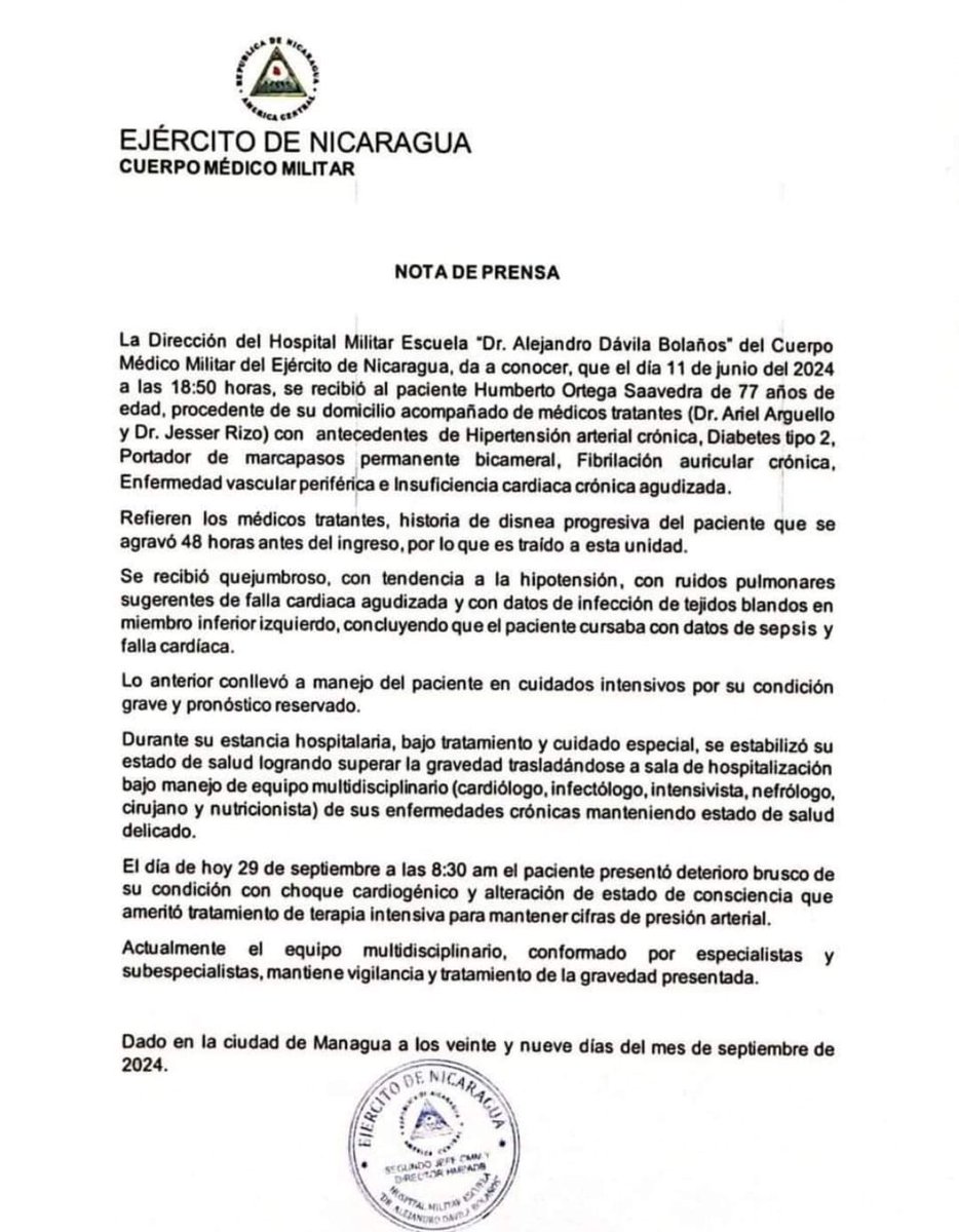 #Urgente Hermano de Daniel Ortega en condición grave de salud. Está internado en el Hospital Militar. 

fuentesconfiables.com