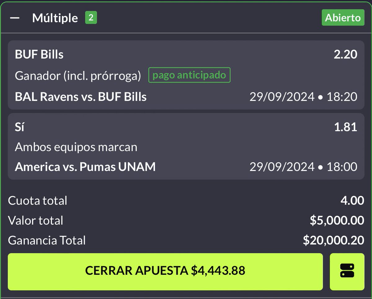 Nos vamos a ir en meados en día de hoy o no todo depende de los Bills y del clásico capitalino 🔥🔥🔥

Ustedes que jugadas traen para los dos juegos de hecho me gusta el over de 2.5 y TD de Allen igual 🍀🍀🍀🫡🫡🫡