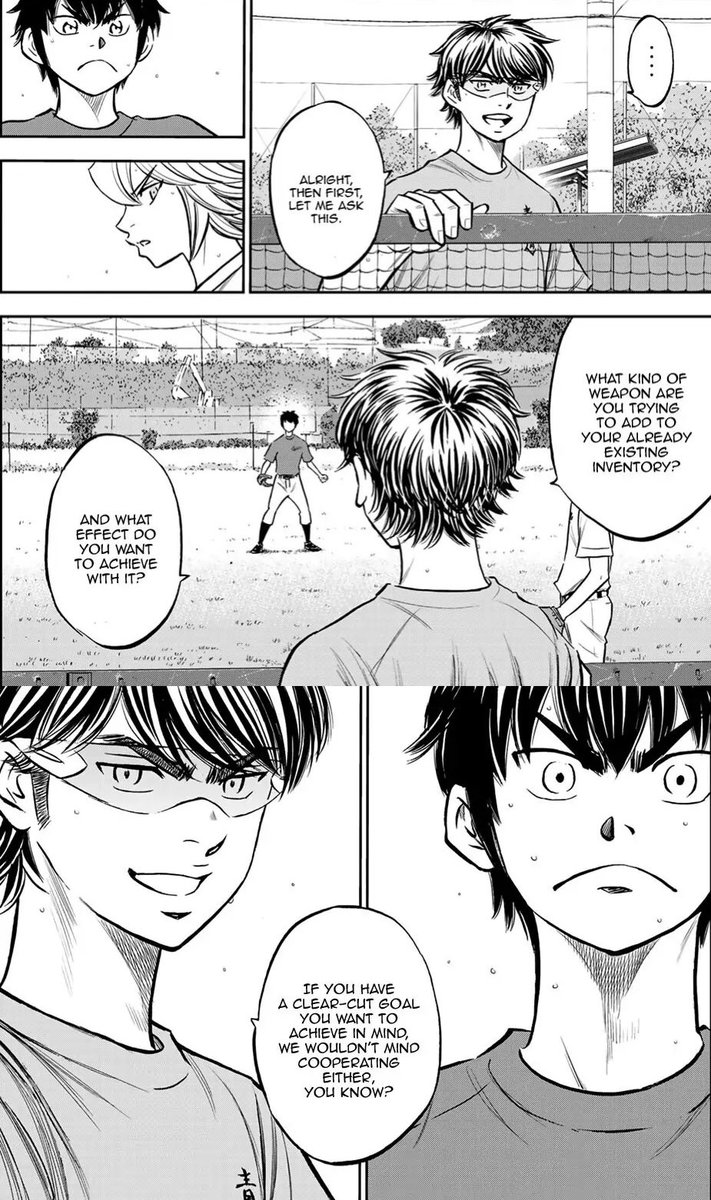 promiyuki's tweet photo. My favorite testament to how Eijun changes Miyuki in Act II is how much more outwardly supportive he acts. Miyuki praises Eijun more often, scolds him more gently when he makes mistakes, and is more likely to trust his judgement and ideas. Eijun has softened Miyuki’s rough edges. https://t.co/jOQnfu4Y3W
