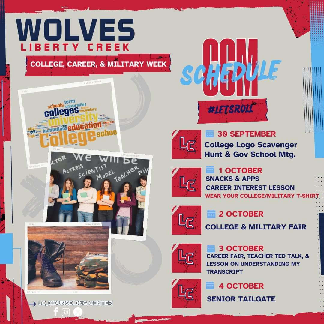 It's College, Career, and Military Week! We look forward to sharing with our students the benefits and importance of planning for their future and providing knowledge and resources to help them through the process. 

See the graphic for all of the events happening this week!