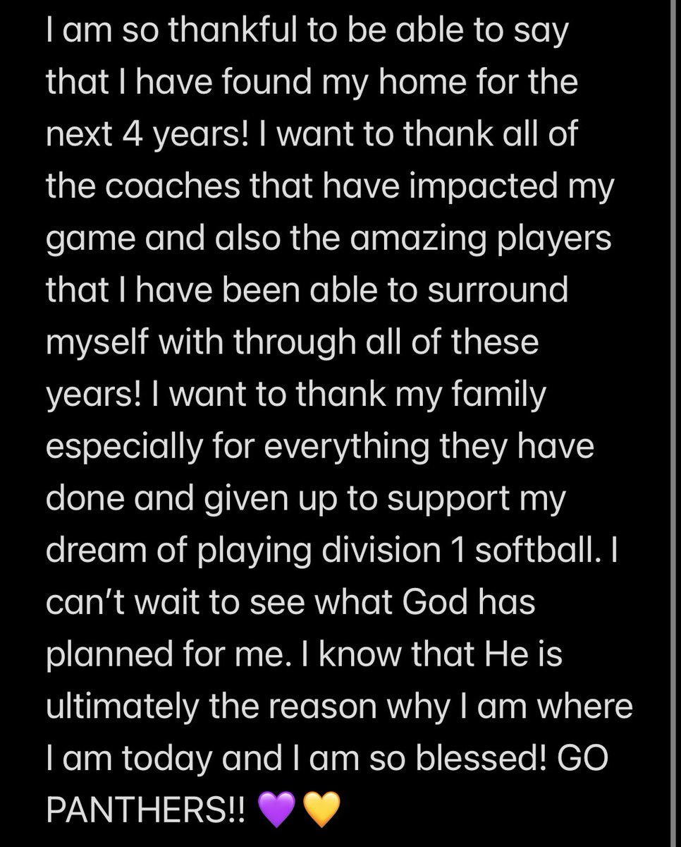 I am extremely excited to announce that I will be continuing my academic and athletic career at University of Northern Iowa!! Thank you to the coaches at UNI who have given me this amazing opportunity! Go Panthers!! 💜💛<a href="/UNISoftball/">UNI Softball</a> <a href="/CoachMWright3/">Monica Wright</a> <a href="/KAlstott/">Kyle Alstott</a> <a href="/OJadams01/">Ozzie Adams</a>