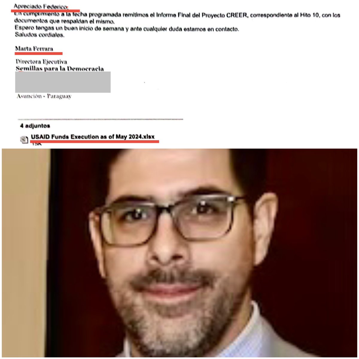 HugoPortilloPY's tweet photo. 1)Interesante personaje este Federico Recalde, funcionario de @USAID @usaidparaguay @PowerUSAID
2)Es el que recibe todos los reportes de los ONGeros, y el que comunica la liberación del dinero💸💸💸💸del Gobierno de USA🇺🇸 a los ONGeros, para que NO les chorreen tanto tampoco a ellos🤷🏻♂️🤭
3)Mientras, confirmamos la existencia de los cipayos, legionarios, colonialistas, vende patrias, traidores, sicarios, que se hacen pasar por SOCIEDAD CIVIL PARAGUAYA🇵🇾,
3.1)y con ello permitir la injerencia, intromisión, e intrusión en la GOBERNANZA del Paraguay🇵🇾, y la manipulación en nuestras campañas electorales,
3.2)por parte de Gobiernos Extranjeros🇺🇸🇪🇺🏳️🌈🏳️⚧️🇺🇳
4)Así, o más claro⁉️
@StateDept @StateCGAC @SecBlinken @SenadoresPy @DiputadosPy @DionisioAmarill @CSorokaB @Gustavoleitepy @MinPublicoPy @PoderJudicialPY