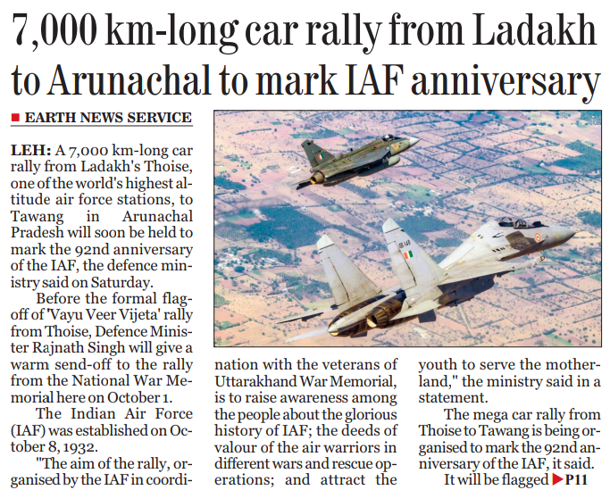 EarthNewsLadakh's tweet photo. A 7,000 km-long car rally (#VayuVeerVijetaRally) from Ladakh's #Thoise, one of the world's highest altitude air force stations, to #Tawang in Arunachal Pradesh will soon be held to mark the 92nd anniversary of Indian Air Force. 
#RajnathSingh 
#adgpi https://t.co/xm2xelcOoP