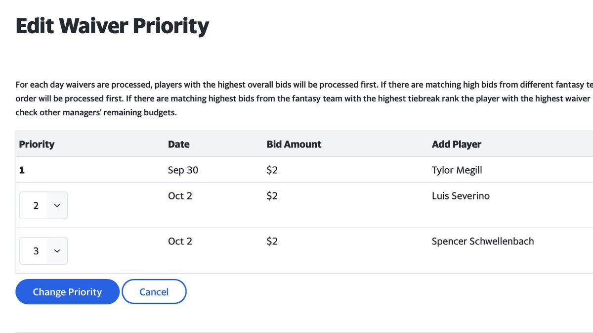 Syverso3's tweet photo. @YahooFantasy @YahooCare @YahooSports  Should've won my fantasy league, but since you extended the season, I'm probably going to lose. Trying to add a FAAB pitcher, but your waiver system won’t let me edit priorities. It keeps listing Megill first, no matter what https://t.co/RqJVpHJvcJ