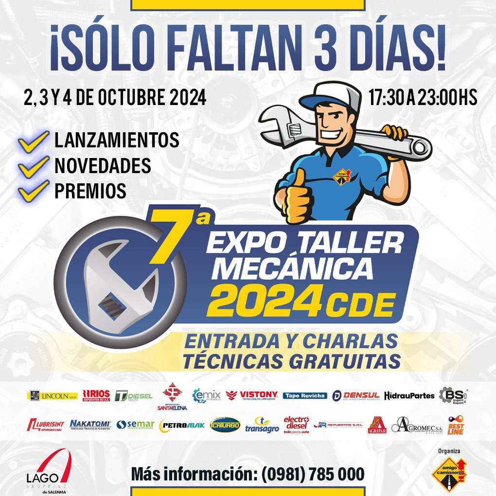 La 7ª edición de la única expo del sector motor mecánico del país se realizará del 2 al 4 de octubre en Ciudad del Este, departamento de Alto Paraná. Durante los tres días de la muestra, organizada por Amigo Camionero, se espera la visita de aproximadamente 2.000 personas.