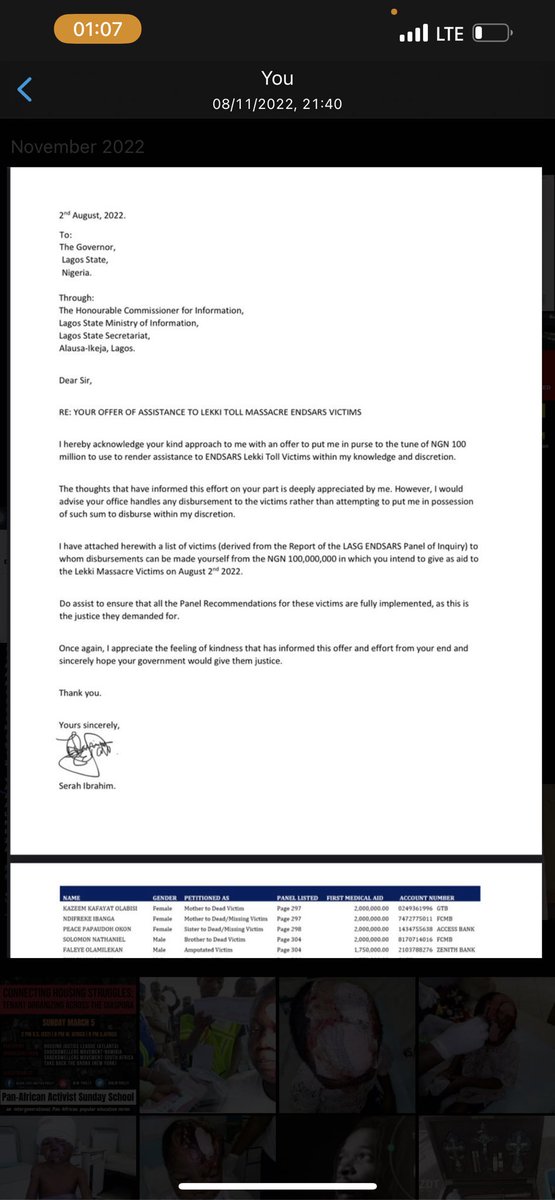 TheSerahIbrahim's tweet photo. Got pissed off and then I realised if we don’t find a way to get an evidence, the govt may deny admitting that people died at the Lekki toll gate so I devised a plan.
I told 4 of the families whose children died at the toll not to attend and send their account instead.
They sent it and got the payments and that screenshot is what I hold as evidence that this happened.

SAN Falana did nothing wrong.
He said if the govt feels remorseful and want to help them, they should go ahead. So we advised that they pay up the compensation rather than this.
So since they are giving out the money, let it be an aid to the victims, a medical aid they can use to take care of hospital bills and every other required treatment. 
So it is quite disingenuous that Oniru would stoop so low to insult SAN Falana on this.

The day they attended the meeting to get their cash, I didn’t go. The meeting was for 10am but the govt told those present that if I didn’t attend it, they won’t get it, I was pissed they refused to use transfers because I really wanted that evidence.
They all reached out to me that day, complaining that I must attend because they were all waiting for me.
The commissioner called me and said he won’t be there until I get there.
So I spoke to the lawyers and finally, was on my way and I got there by past 3pm for a meeting of 10am because I wasn’t going to attend since I am not receiving any of the aid.

We took videos and pictures too.
And I made sure I had the transfer receipts for those that died because I ensured the money was sent via transfer for them, since the plan to get transfer for everyone didn’t work.