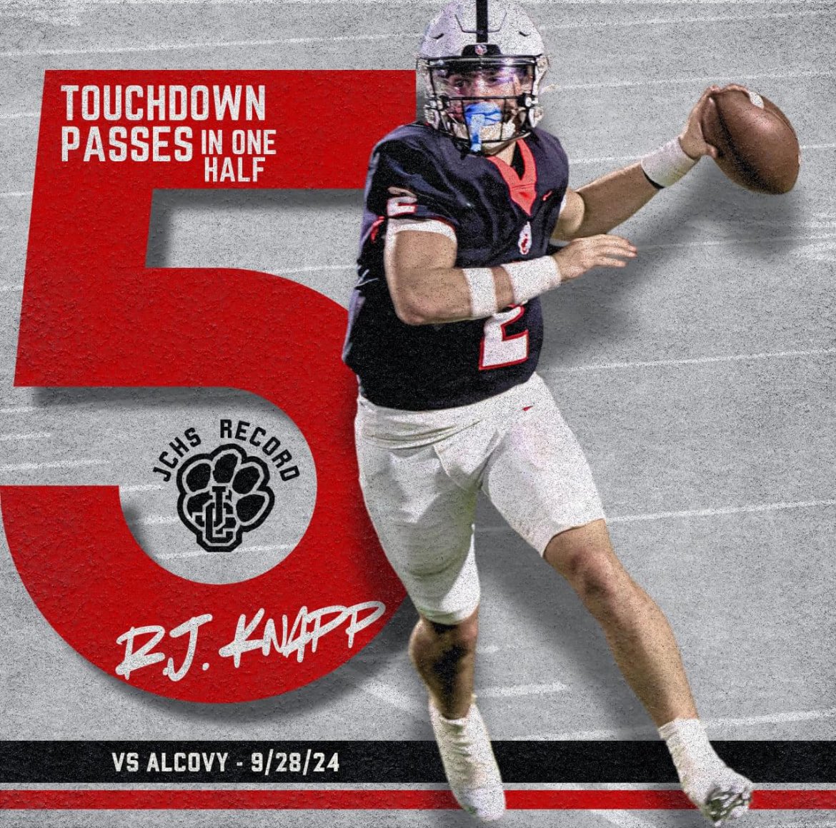David Hendrix (@coachdmhendrix) on Twitter photo ๐จ ๐จ Record Alert ๐จ ๐จ
With FIVE touchdown passes in the first half on Saturday, <a href="/therjknapp/">RJ Knapp III</a> breaks a <a href="/JAXCOFOOTBALL/">แดแดแดแด๊ฑแดษด แดแดแดษดแดส ๊ฐแดแดแดสแดสส</a> record for passing touchdown in a single half. Wonโt even mention he also ran for another! ๐จ ๐จ Record Alert ๐จ ๐จ
With FIVE touchdown passes in the first half on Saturday, <a href="/therjknapp/">RJ Knapp III</a> breaks a <a href="/JAXCOFOOTBALL/">แดแดแดแด๊ฑแดษด แดแดแดษดแดส ๊ฐแดแดแดสแดสส</a> record for passing touchdown in a single half. Wonโt even mention he also ran for another!