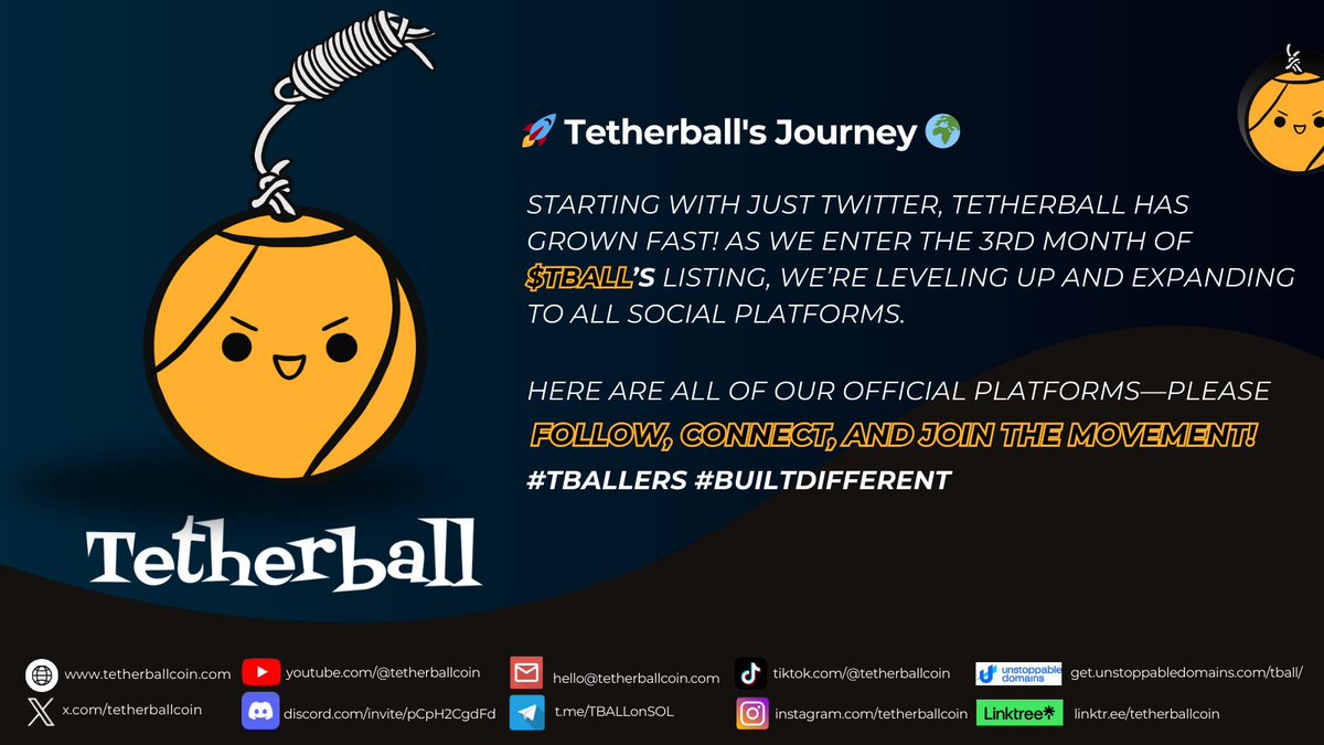 tetherballcoin's tweet image. 🚀#TetherballCoin&apos;s Journey 🌍

Starting with just #Twitter, #Tetherball has grown fast! As we enter the 3rd month of $TBALL ’s listing, we’re leveling up and expanding to 𝐀𝐋𝐋 social platforms.

Please 𝙁𝙊𝙇𝙇𝙊𝙒, 𝘾𝙊𝙉𝙉𝙀𝘾𝙏, 𝙖𝙣𝙙 𝙅𝙊𝙄𝙉 𝙩𝙝𝙚…