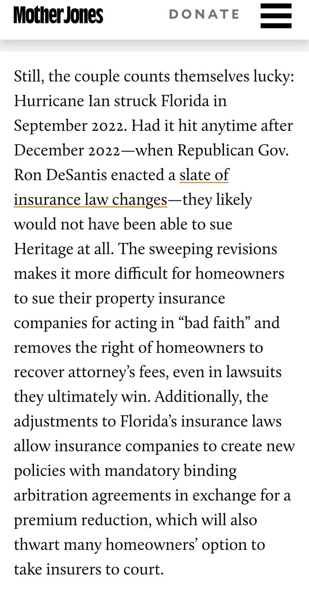 Watched the 60 Minutes segment on FL home insurance crises. Heartbreaking, how homeowners were offered 80% less of the claim for damages to their homes. Now it's harder for owners to sue insurance companies due to legislation passed by FL GOP and DeSantis. VOTE THEM OUT