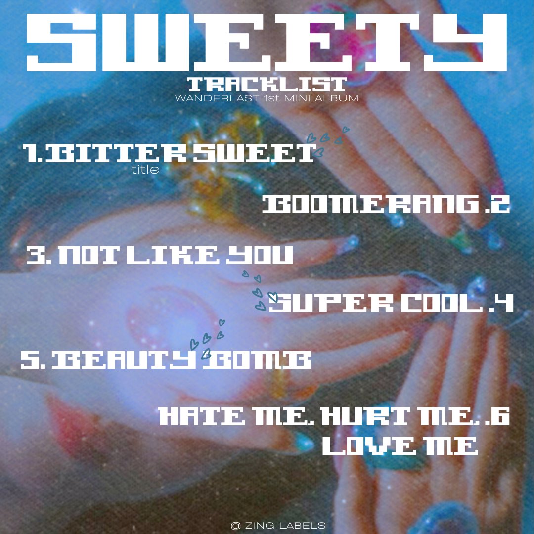 ZingLabels's tweet photo. WANDERLAST 'SWEETY'
1st Mini Album
10.02.2024

TRACKLIST
BITTER SWEET . title
Boomerang
Not Like You
SUPER COOL
Beauty Bomb
Hate me, Hurt me, Love me https://t.co/wvLlbR2MbF