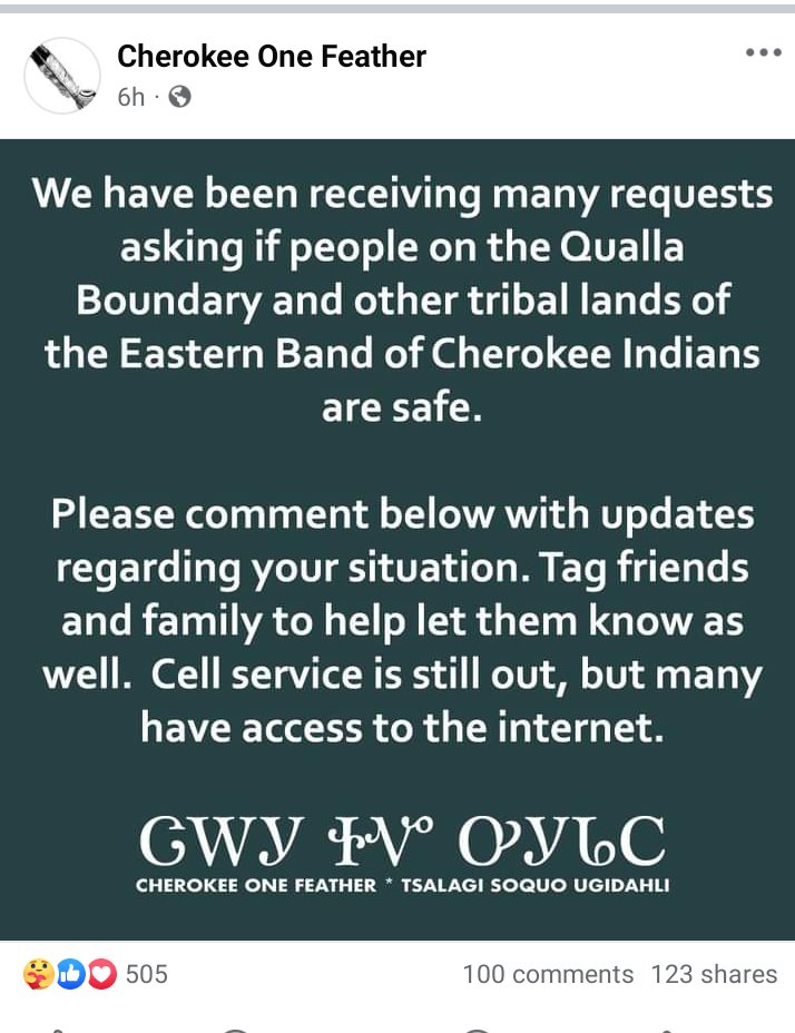jennifereeser's tweet image. #Cherokee citizens, whether on the Qualla Boundary, on the Rez, or at large urban Indians, can follow the Cherokee One Feather at Facebook for updates on family members in territorial North Carolina and that area. #NativeTwitter #HurricaneHelene