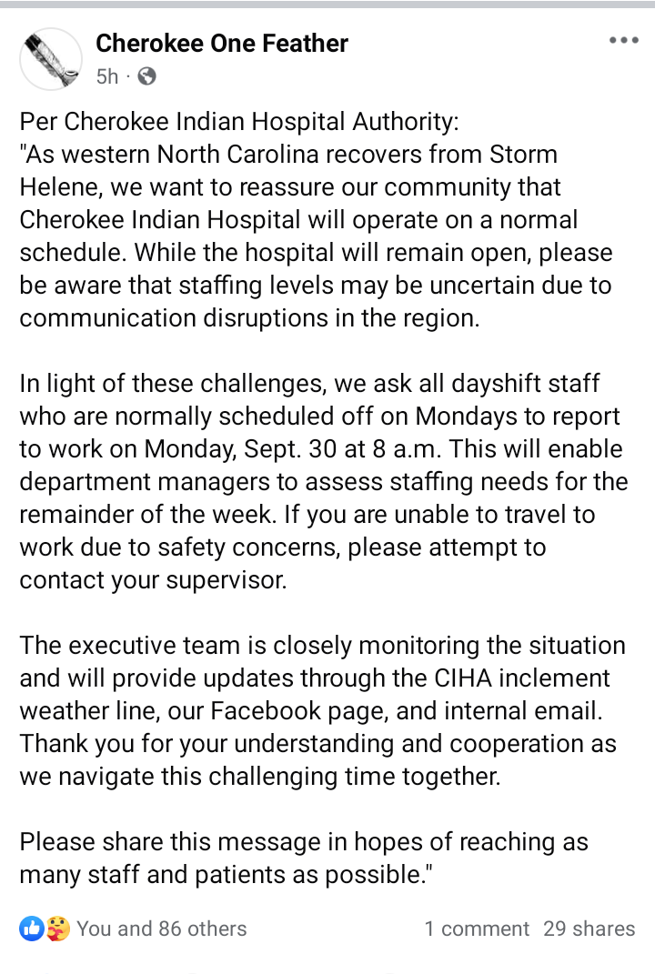 jennifereeser's tweet image. #Cherokee citizens, whether on the Qualla Boundary, on the Rez, or at large urban Indians, can follow the Cherokee One Feather at Facebook for updates on family members in territorial North Carolina and that area. #NativeTwitter #HurricaneHelene