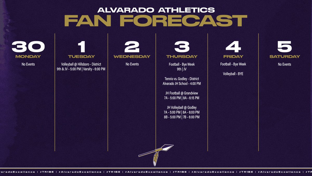 AlvaradoSports1's tweet image. Alvarado Athletics - Fan Forecast 

🗓️ September 30 - October 5, 2024

Show up and BE LOUD! Go Indians!

#AlvaradoExcellence #TR1BE