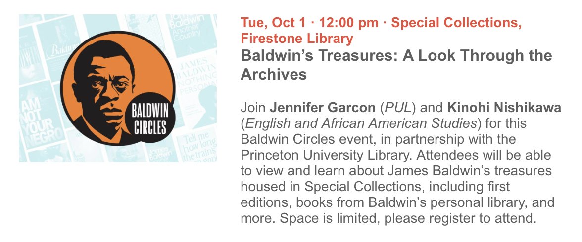 kinohin's tweet image. On Tuesday, Jennifer Garcon and I will present James Baldwin first editions, books from his personal library, and other archived materials as part of @PrincetonHum&apos;s commemoration of the James Baldwin centennial. Join us 👉 …ldwincircles.humanities.princeton.edu/events/2024/ba…