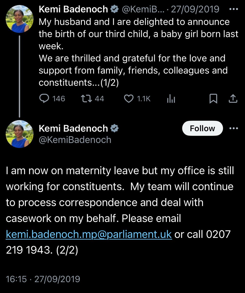 Almost exactly 5 years ago to the day, Kemi Badenoch was delighted to avail herself of maternity leave.

(Remember the cardinal rule of hypocritical politicians: there's always a tweet.)