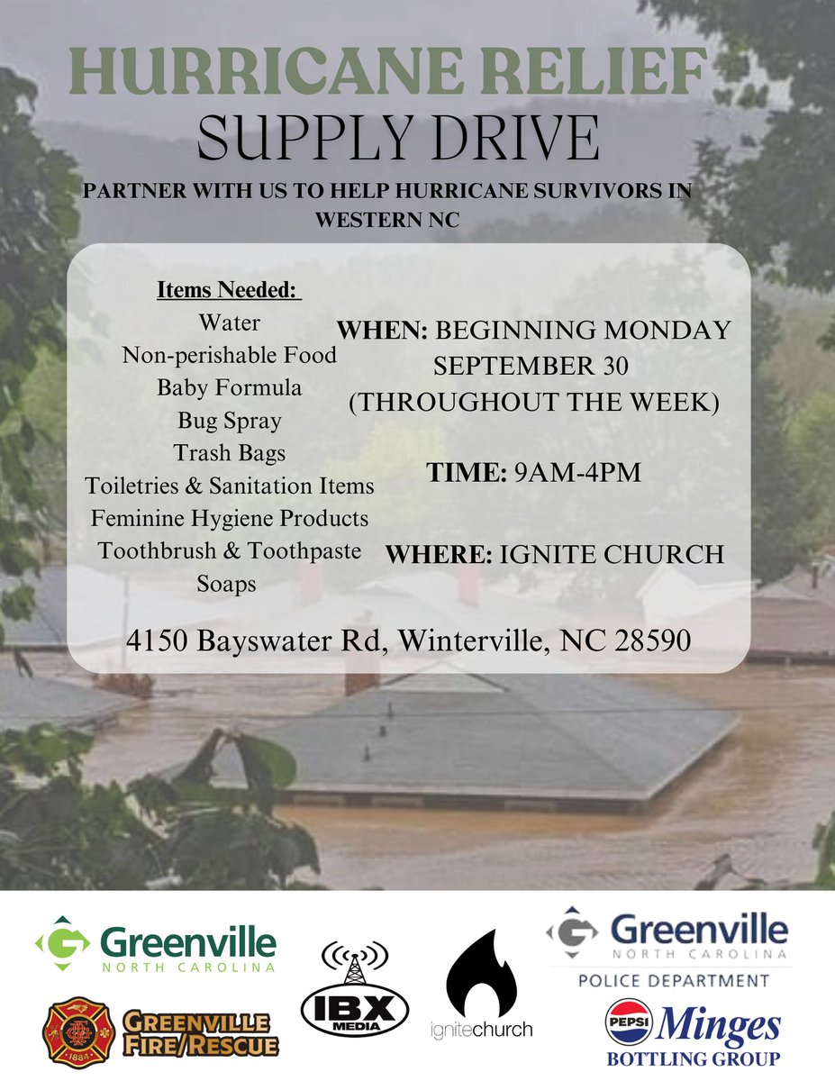 Beginning tomorrow, we will be collecting the items listed below at Ignite Church for those affected by Hurricane Helene. Join us in making a difference by supporting this supply drive!