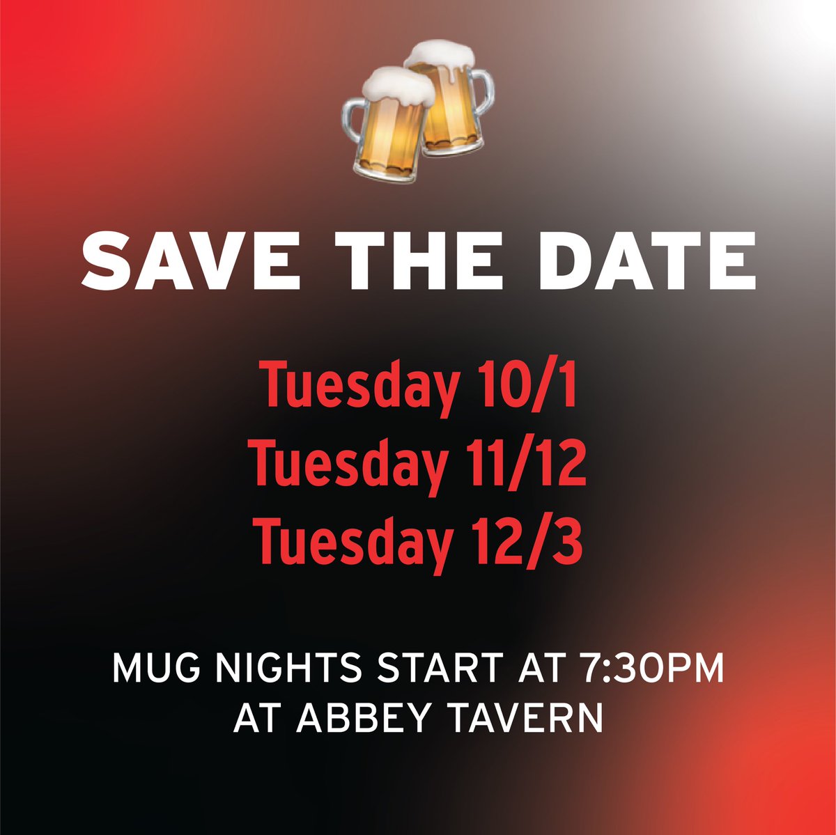 NewYorkTerps's tweet photo. Tuesday’s 🤝 Mug Nights. Join us at Abbey Tavern this Fall and don’t forget to bring your mug! See you there! 🍻
•
Mugs available to purchase at Abbey Tavern for $20 https://t.co/8d17x2dwzh