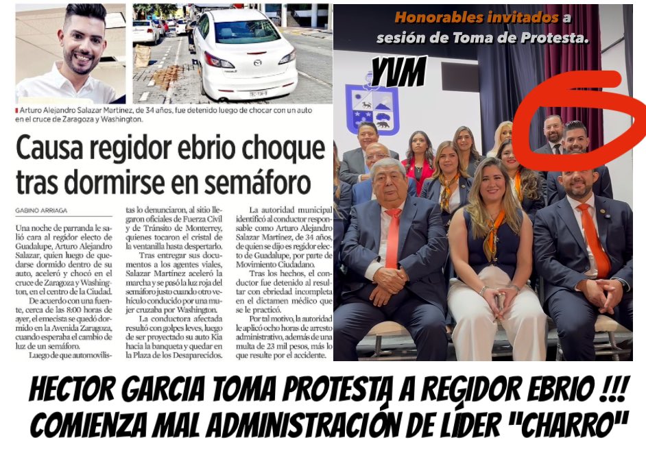 COMIENZA MAL ADMINISTRACIÓN MUNICIPAL DE GUADALUPE, N.L.

Hector “LIDER CHARRO” García, IGNORA a Ciudadanos de Guadalupe y “TOMA PROTESTA” a REGIDOR “EBRIO” de Nombre ARTURO ALEJANDRO SALAZAR MARTÍNEZ.

#HectorGarciaNL 
#GuadalupeNL
#SamuelGarcia
#MovimientoCiudadano

YVM